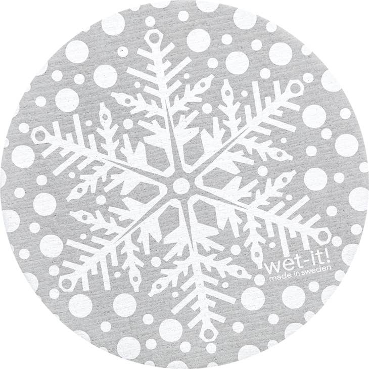 Wet it! Silver Snowflake Round Swedish Cloth | Putti Fine Furnishings Canada