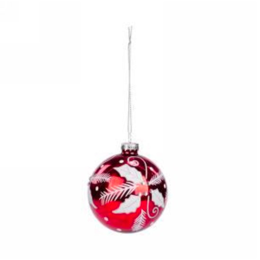 Red with White Leaves Glass Ball Christmas Ornament