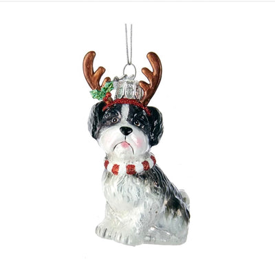 Kurt Adler Black Shih-Tzu with Antlers Glass Ornament | Putti Christmas