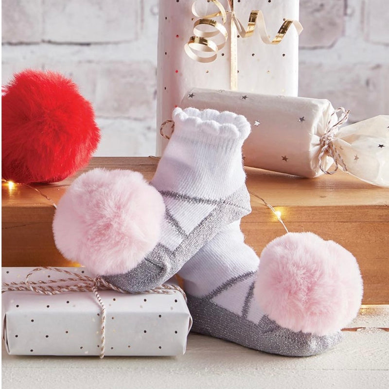 Stephan Baby Silver and Pink Fur Pom Pom Socks