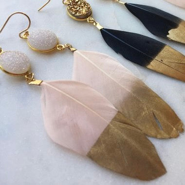 Druzy Gold Dipped Light Pink Feather Earrings