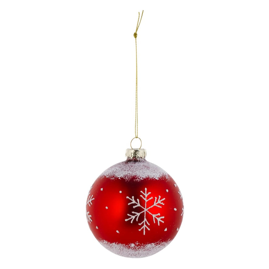 Red with White Glitter Snowflake Glass Ball Christmas Ornament