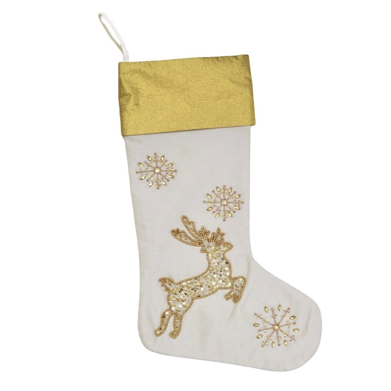 Santa and Sleigh Gold Beaded Stocking | Putti Christmas Canada 