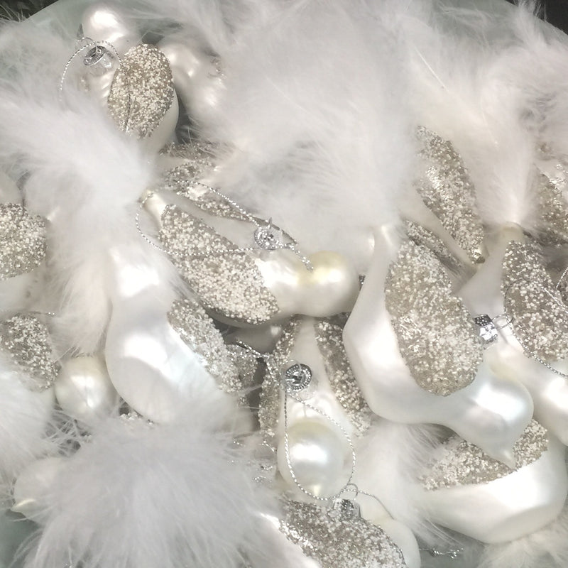 White Glass Glitter Birds with Feather Tails