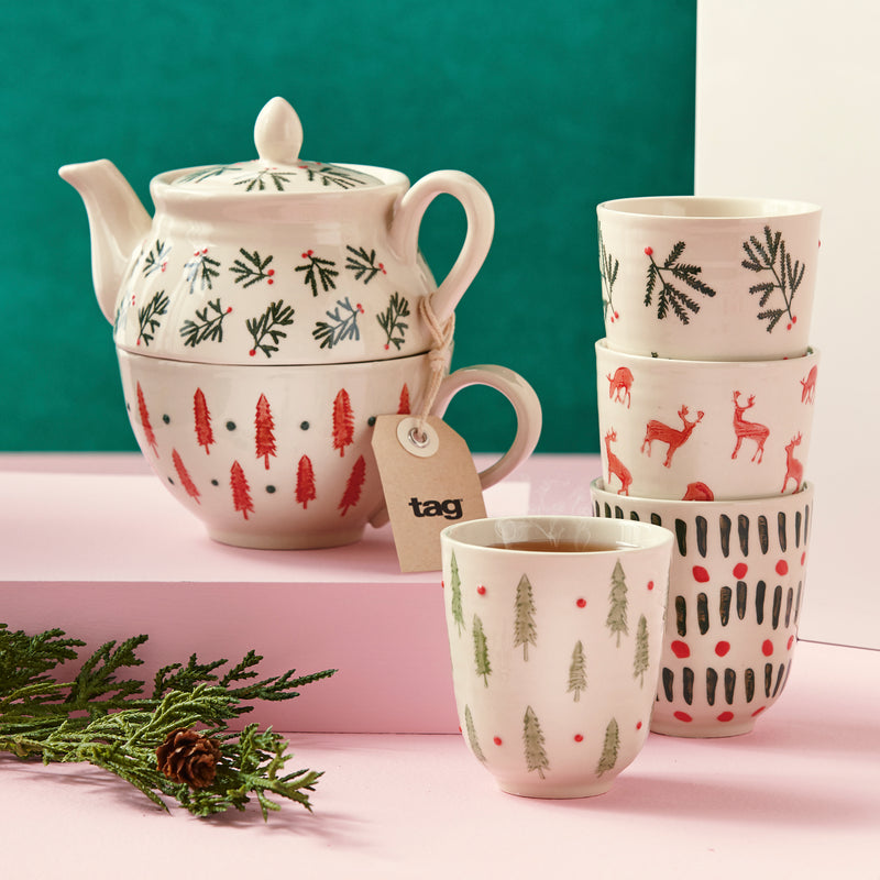 Tag Ltd Hand Stamped "Joyful" Christmas Teacup Set of 4 | Putti Christmas 