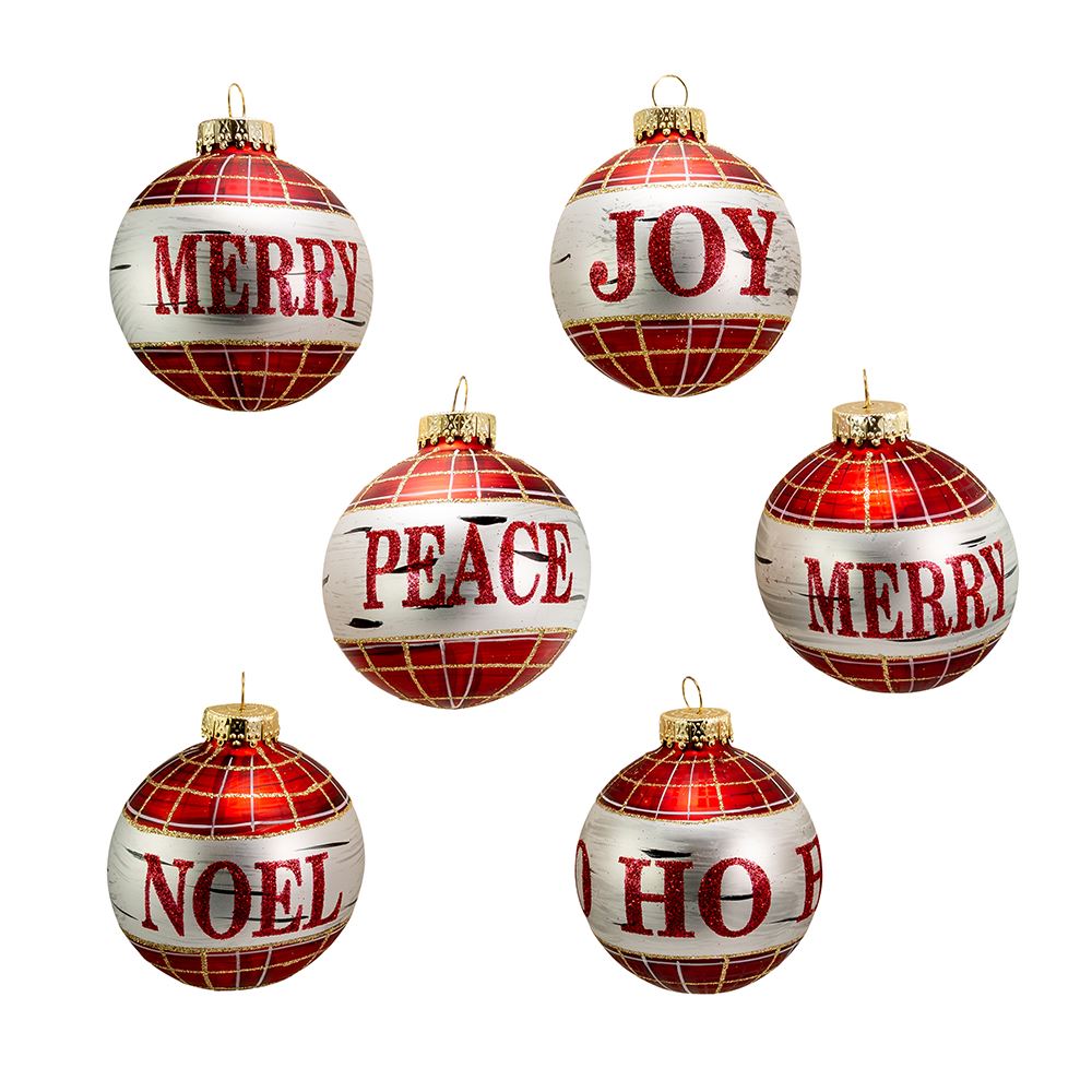 Kurt Adler Glass Black and Red Plaid Ball Ornaments With Sayings | Putti 