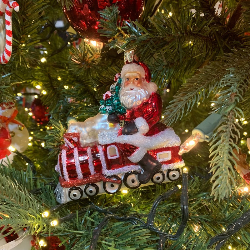 Noble Gems Glass Peppermint Santa With Train Ornament  | Putti Christmas Canada 