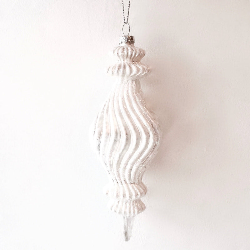  White Ridged Flat Finial Ornament, CT-Christmas Tradition, Putti Fine Furnishings