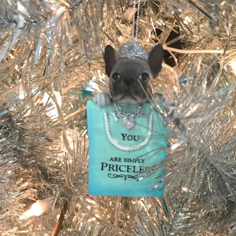 Kurt Adler Tiffany Blue "You are Simply Priceless" French Boxer Dog Ornament  | Putti Christmas 
