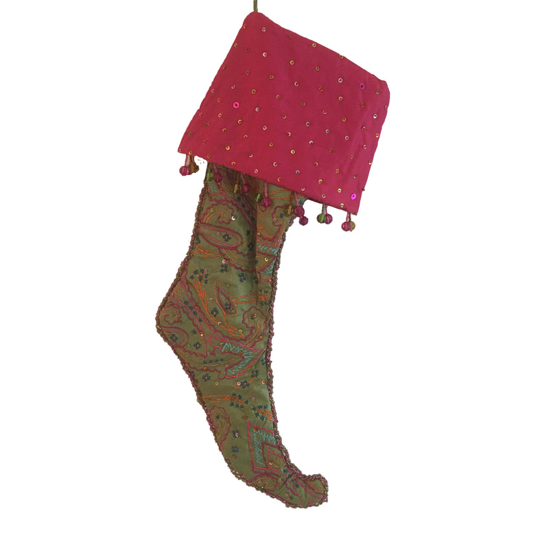  Green Paisley Embroidered  Stocking, KC-Katherine's Collection, Putti Fine Furnishings