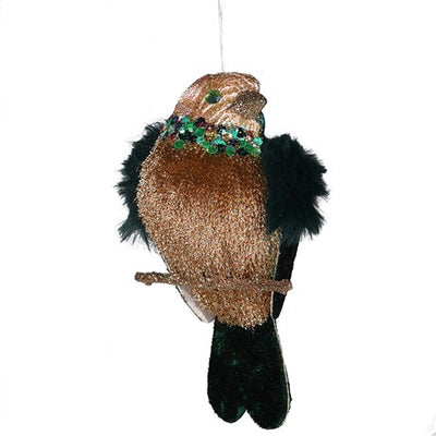Teal Green Brocade Fur Wing Clip on Bird - Putti Christmas Canada