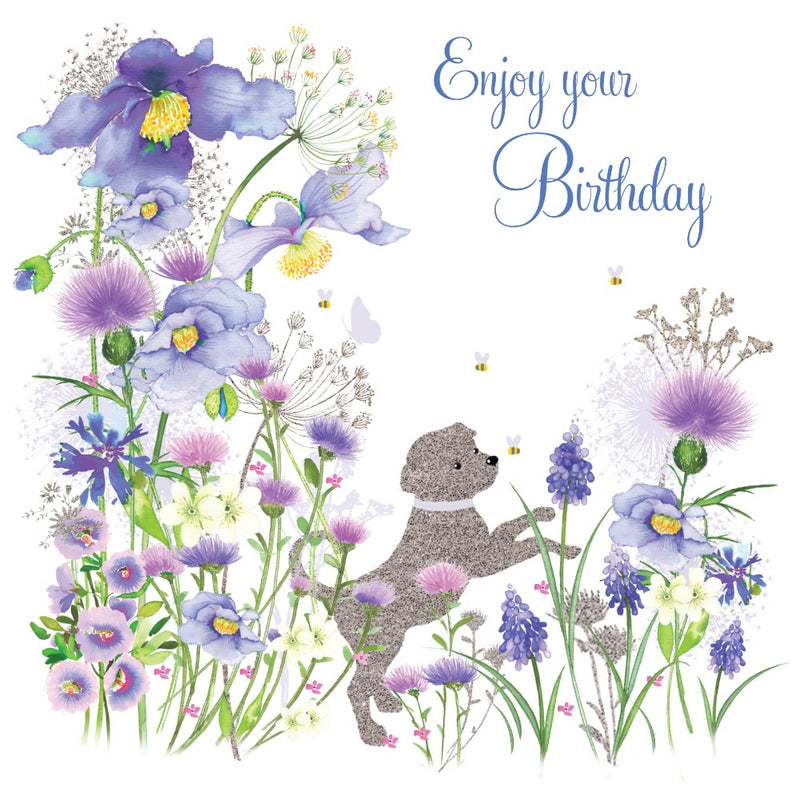 "Enjoy your Birthday" Dog and Flowers Greeting Card | Putti Canada 
