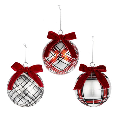 Red Black and White Plaid Glass Ball Ornament | Putti Christmas Canada