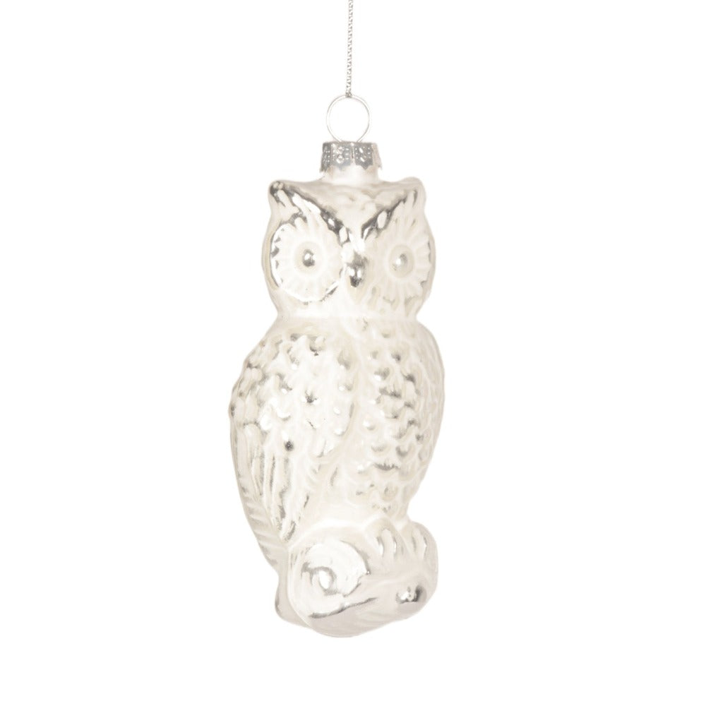 Silver with Whitewash Glass Owl Ornament