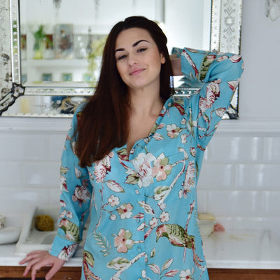 "Blue Blossom" Printed Cotton Ladies Nightshirt | Putti Canada