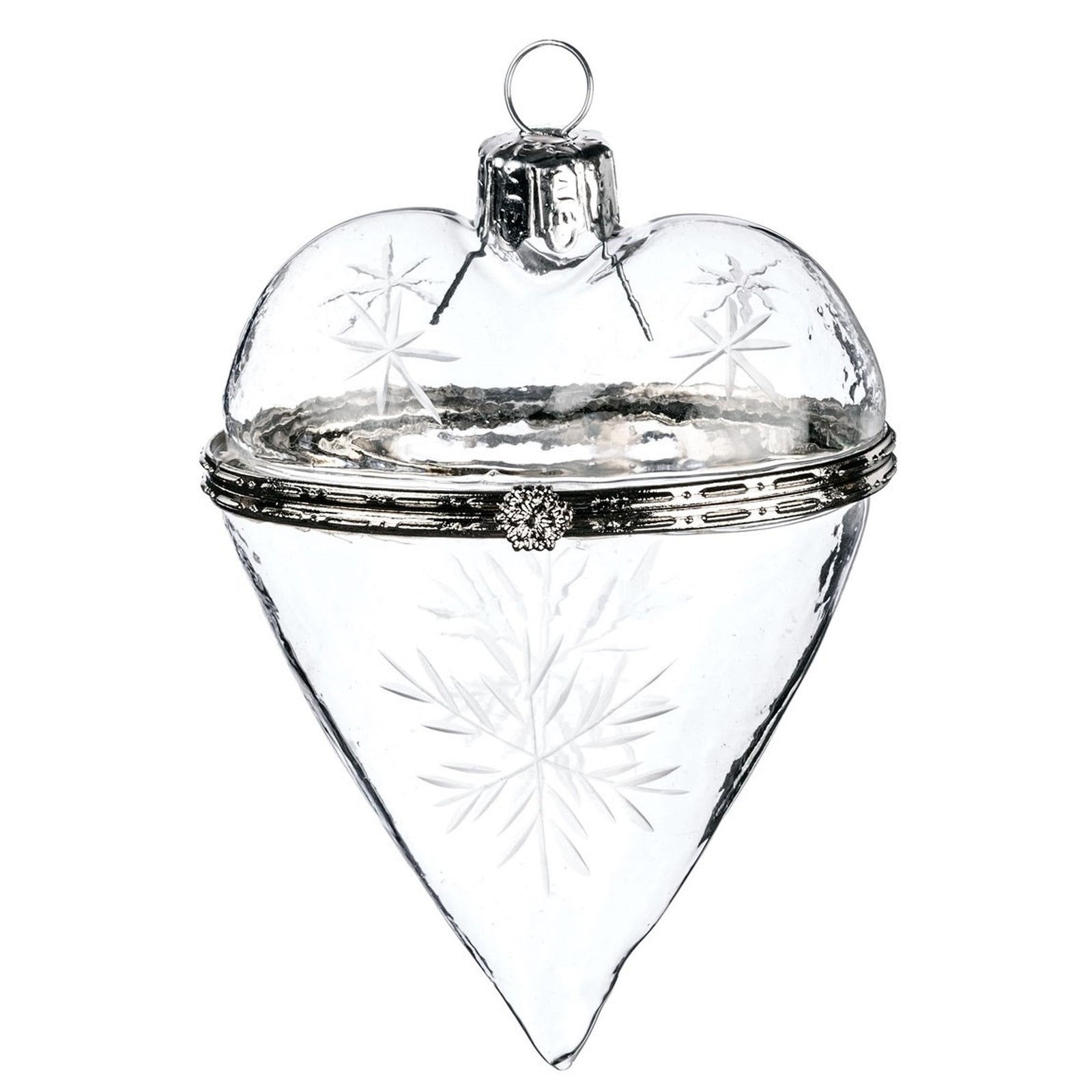 Clear Glass trinket Box Ornament Etched with Snowflakes  | Putti Christmas Celebrations 