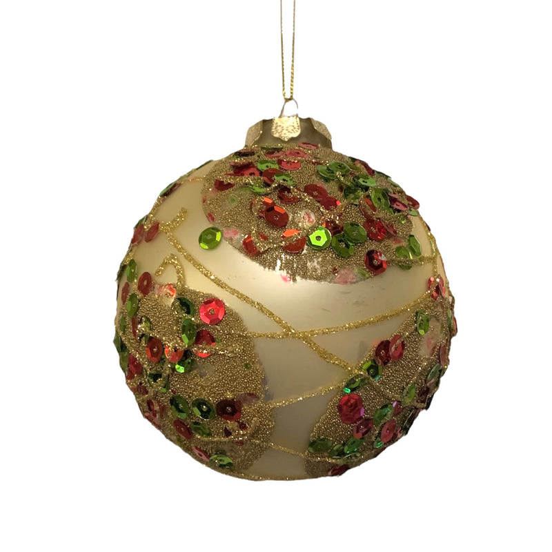 Ivory with Red and Green Sequins Glass Ball Ornament