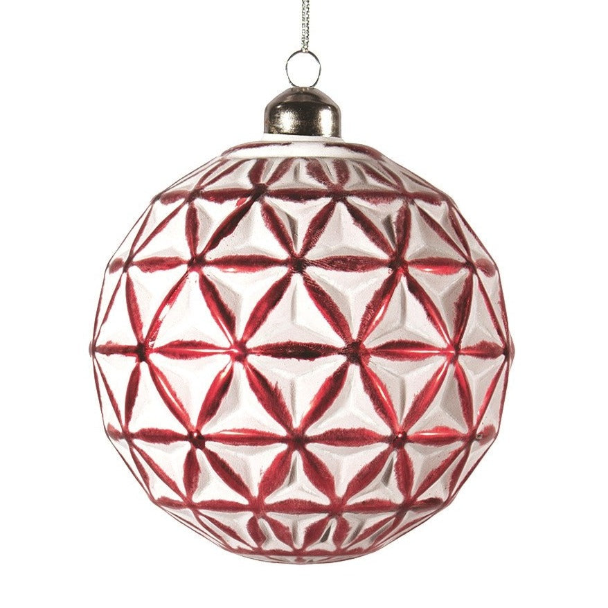 Red Embossed Glass Ball Ornament with Whitewash