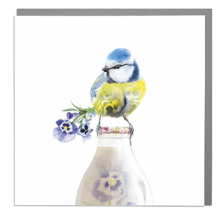 Lola Design Wildlife Botanical Blue Tit Blank Greeting Card | Putti