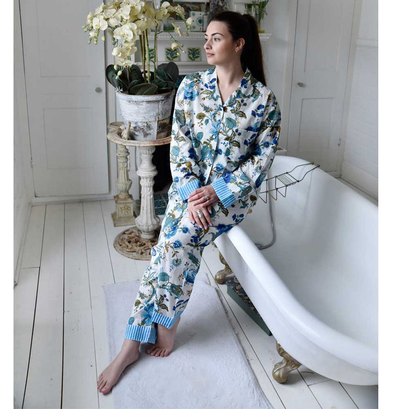 Blue Rose Print Ladies Pyjamas With Blue Stripy Trims | Putti Fine Fashions Canada 