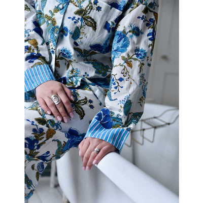 Blue Rose Print Ladies Pyjamas With Blue Stripy Trims | Putti Fine Fashions Canada