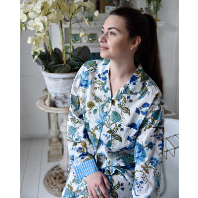 Blue Rose Print Ladies Pyjamas With Blue Stripy Trims | Putti Fine Fashions Canada