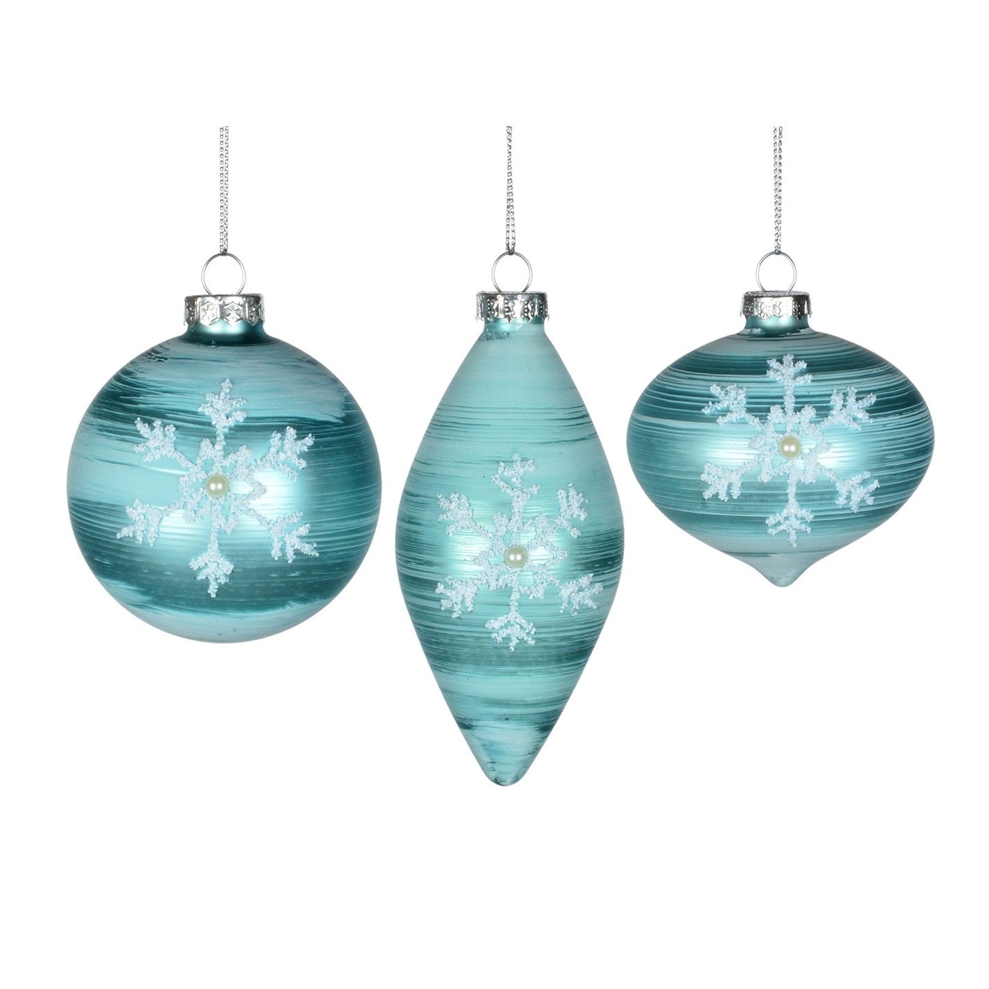 Aqua Glass Christmas Ornament with Snowflakes & Pearls