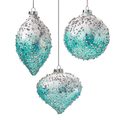Ombre Aqua with Silver Sequins Glass Ornament - Double Point