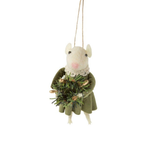 Felt Girl Mouse in Green Velvet Dress Ornament | Putti Celebrations Canada