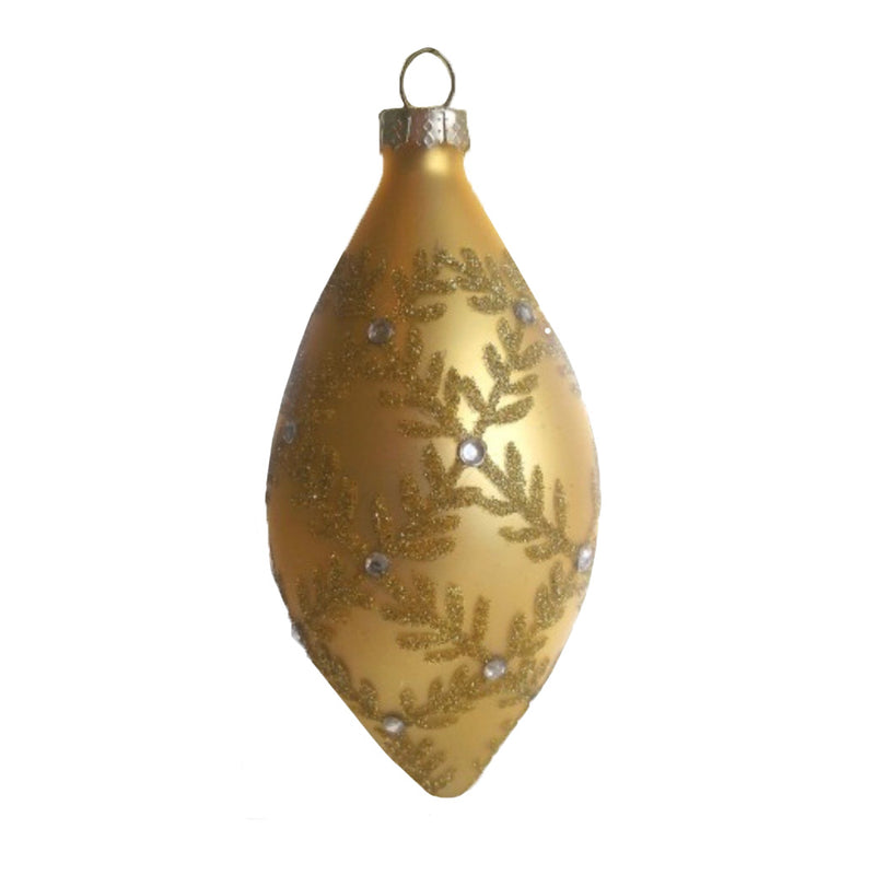 Gold Glass Double Point Ornament with Beaded Laurel Leaf Pattern