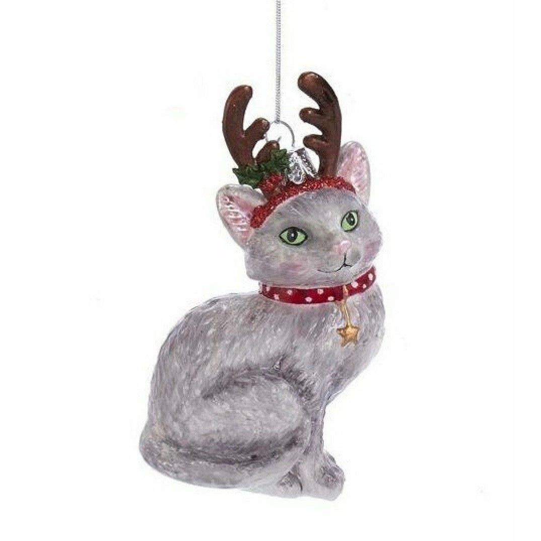 Kurt Adler Grey Cat with Antlers Glass Ornament | Putti Christmas