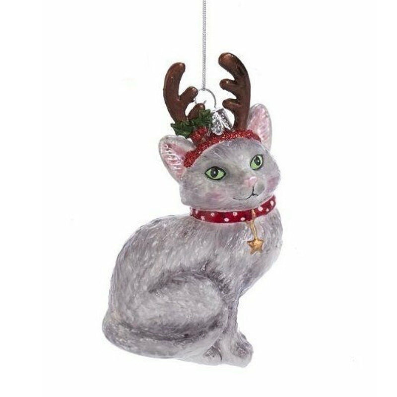 Kurt Adler Grey Cat with Antlers Glass Ornament | Putti Christmas