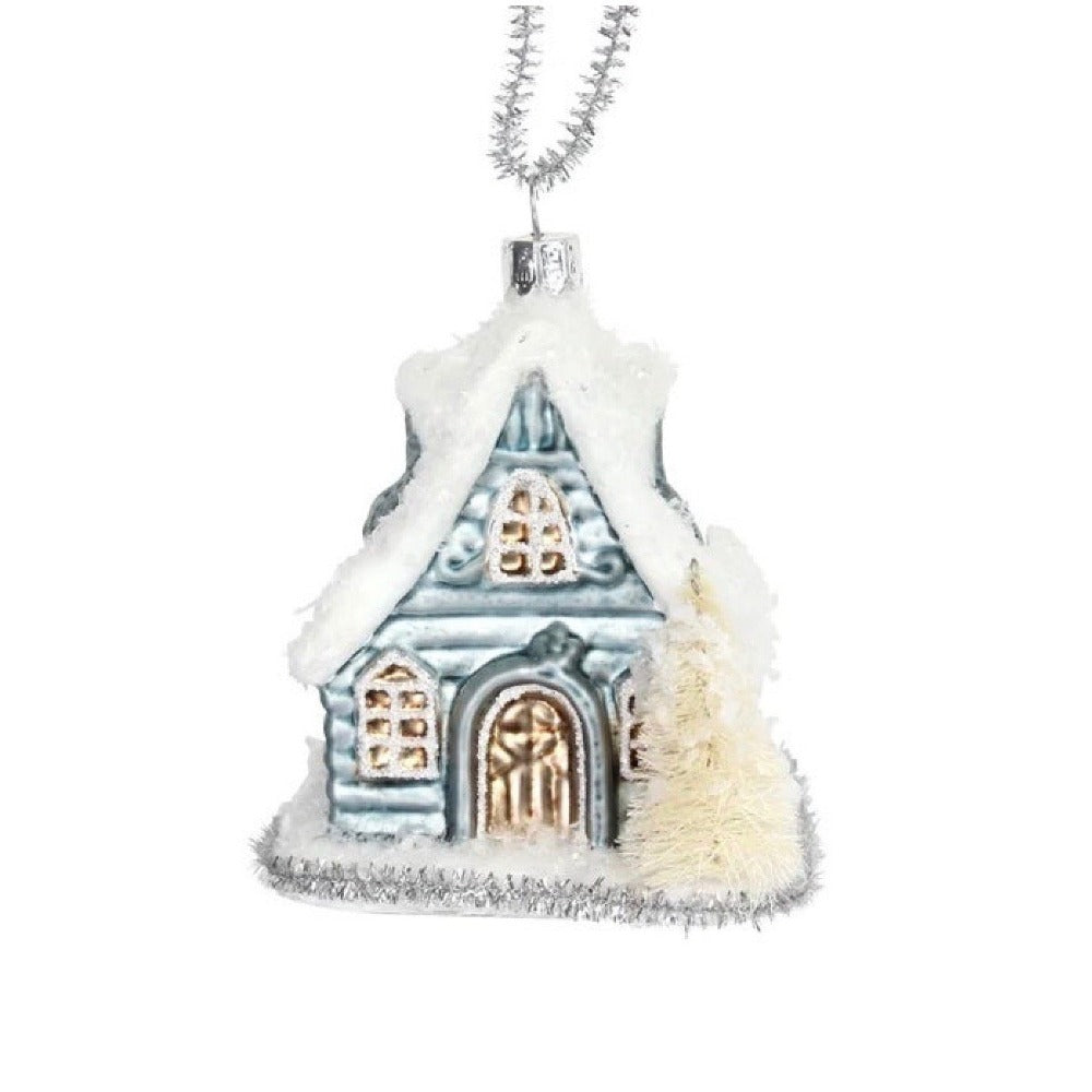 Blue Church with Brush Trees Glass Ornament