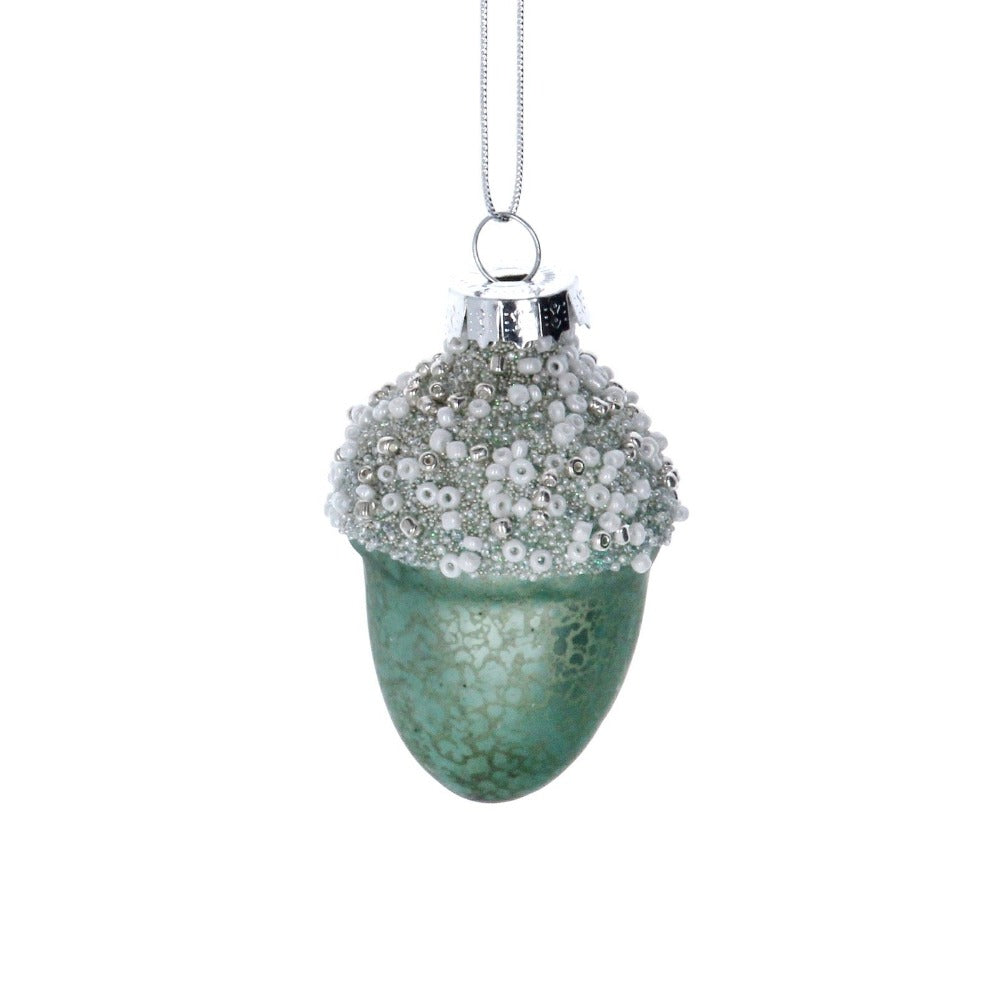 Sage Green Beaded Acorn Glass Ornament