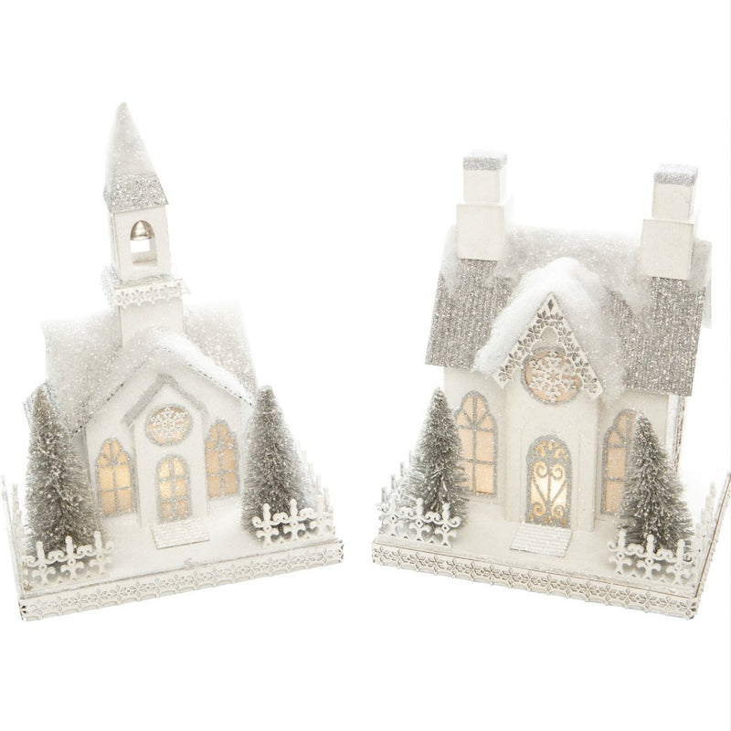 White and Silver Glittered Cardboard Church with LED