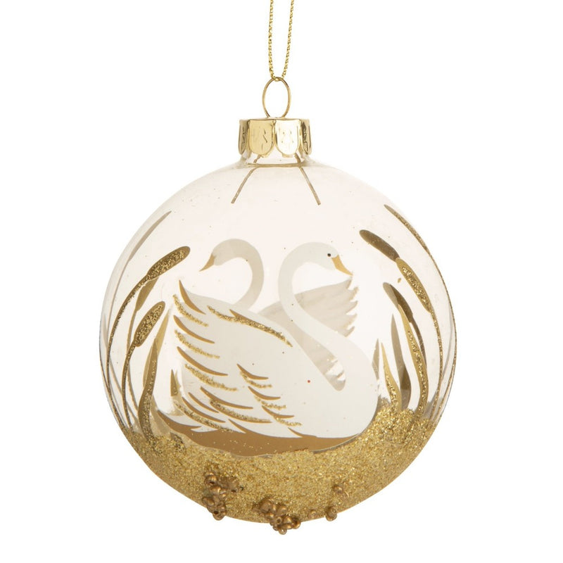 Clear with Gold Swan Glass Ball Ornament