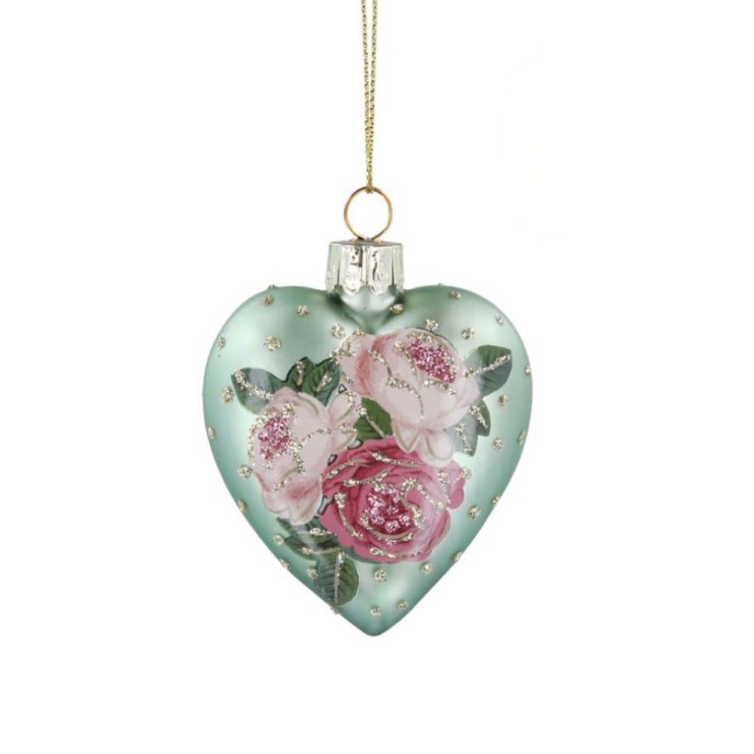 Heart with Pink Roses Glass Ornament - Green