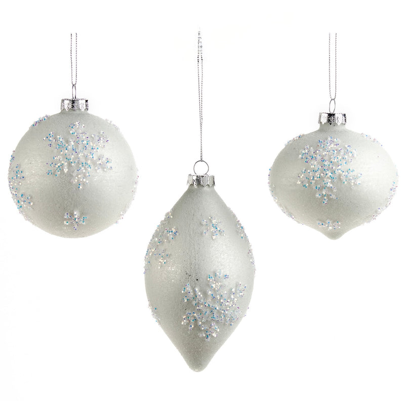 Frosted White with Iridescent Snowflake Glass Ball Ornament