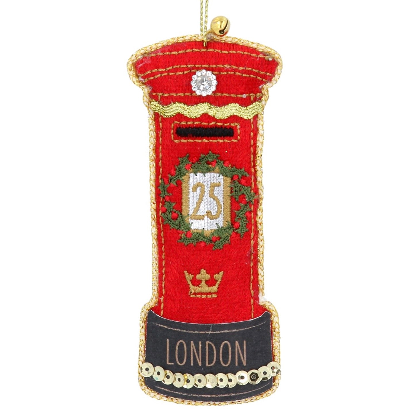 Velvet Embroidered "London" Post Box Ornament | Putti Christmas 