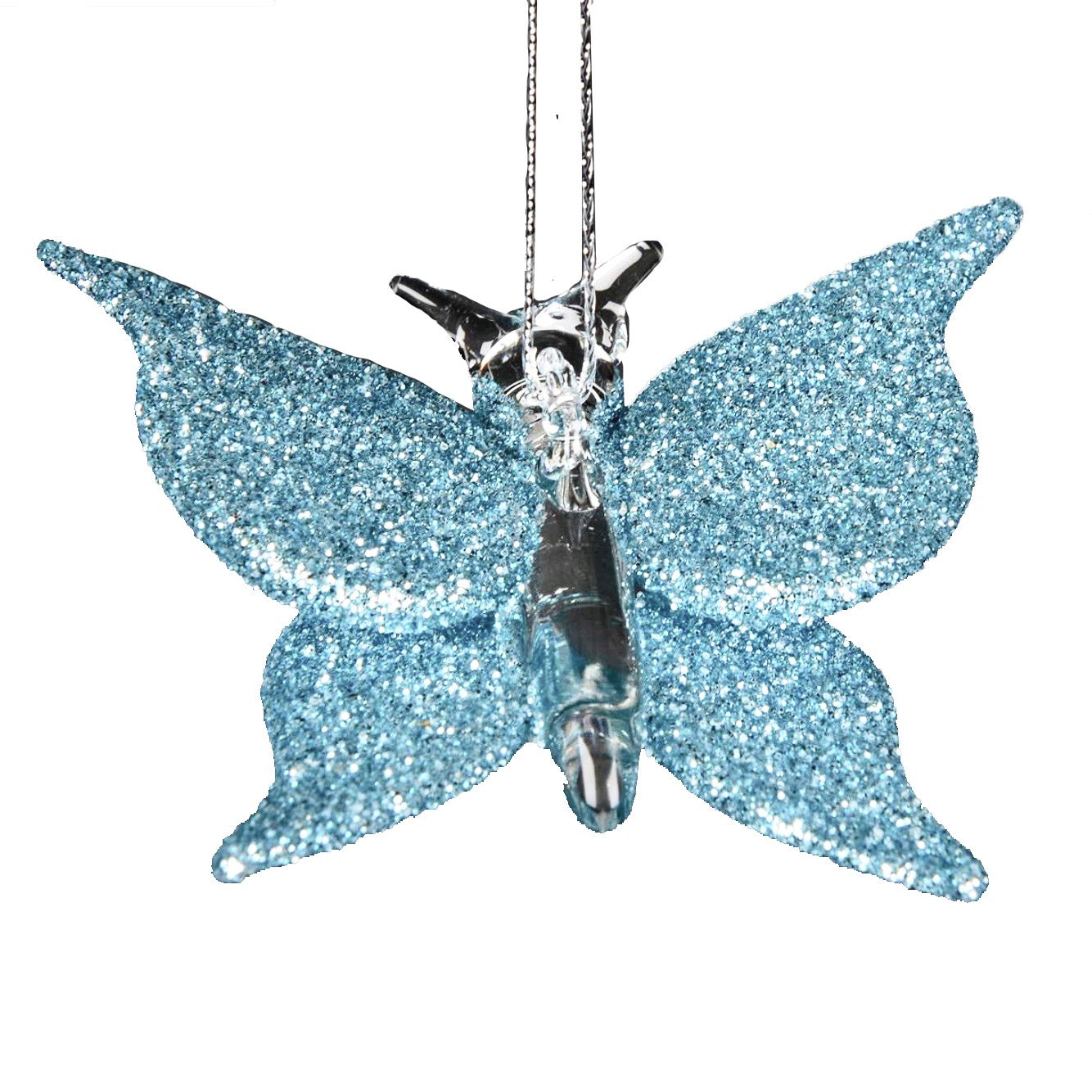 Aqua Blue Glitter Glass Butterfly Ornament | Putti Christmas Canada