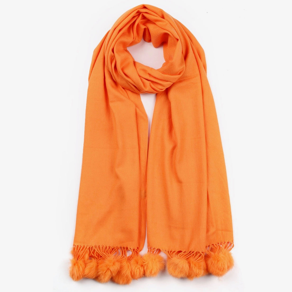 Fur Pom Pom Cashmere Scarf - Orange