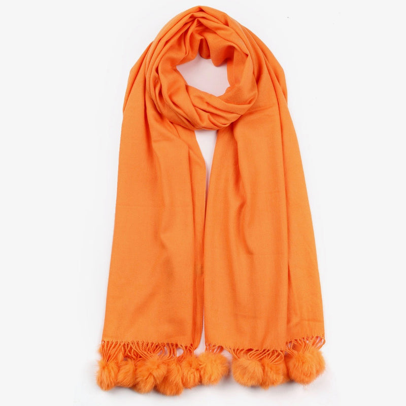 Fur Pom Pom Cashmere Scarf - Orange