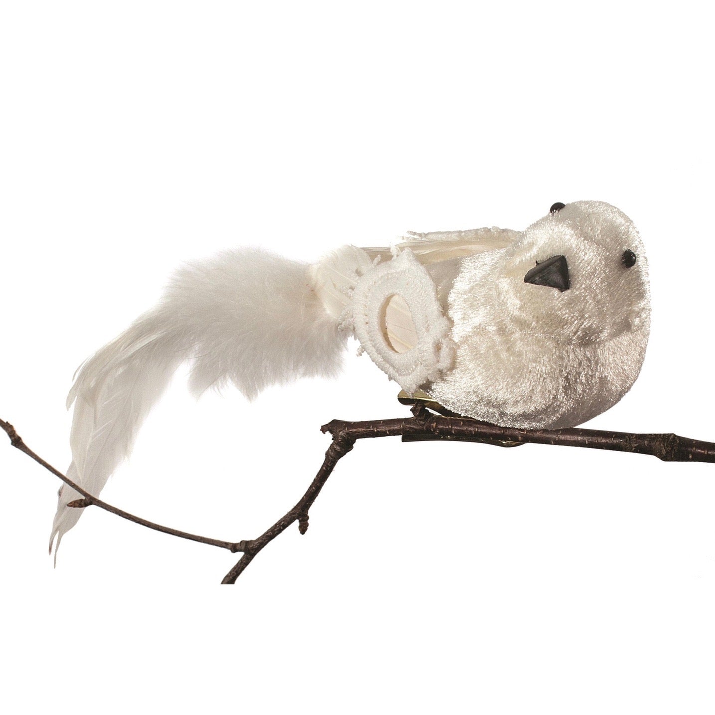 White Velvet Bird with Clip | Putti Christmas Decorations Canada