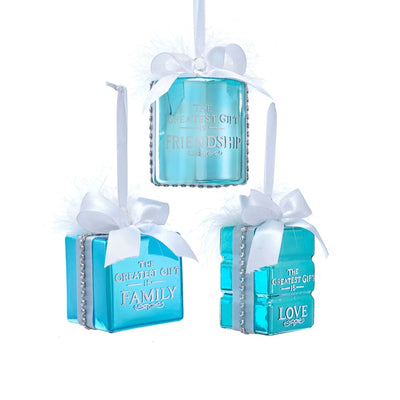 Kurt Adler Tiffany Blue Gift Box Ornament with Sentiment and Bow | Putti