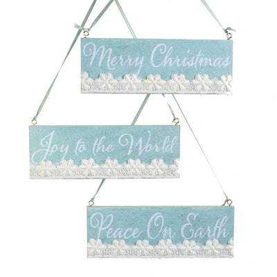 Kurt Adler Sage Green Sign with Lace and Sayings Ornaments | Putti