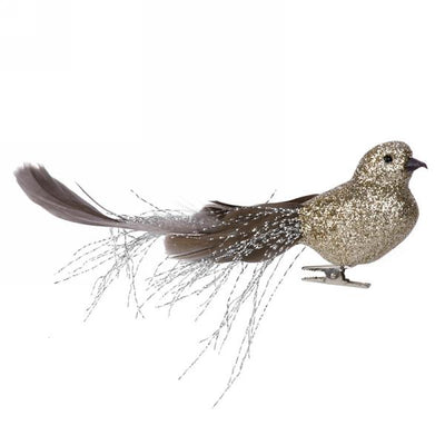 Gold Glitter Bird with Feather and Tinsel Tail - Putti Christmas