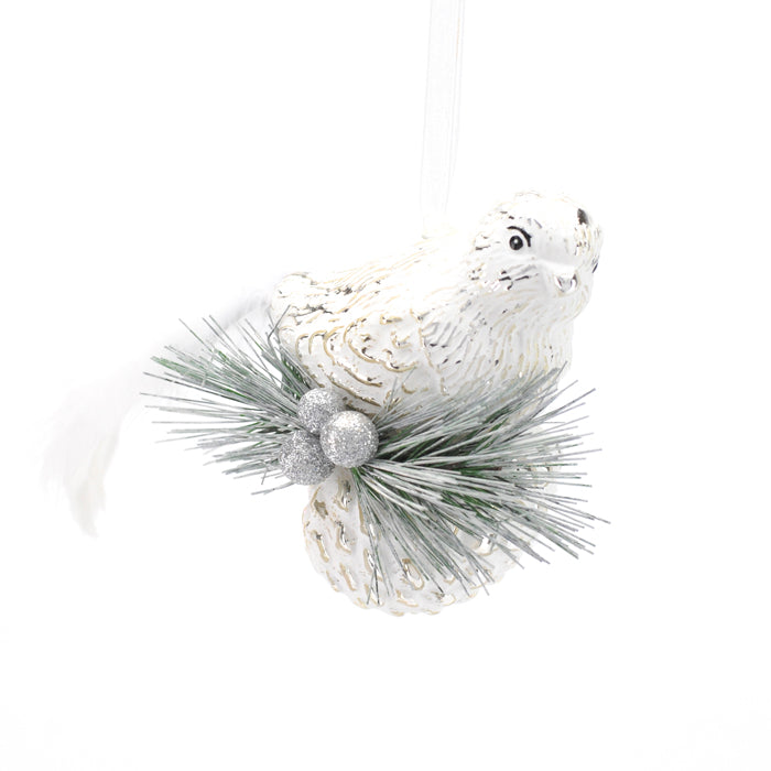 White Glass Bird on Pinecone Ornament | Putti Celebrations 