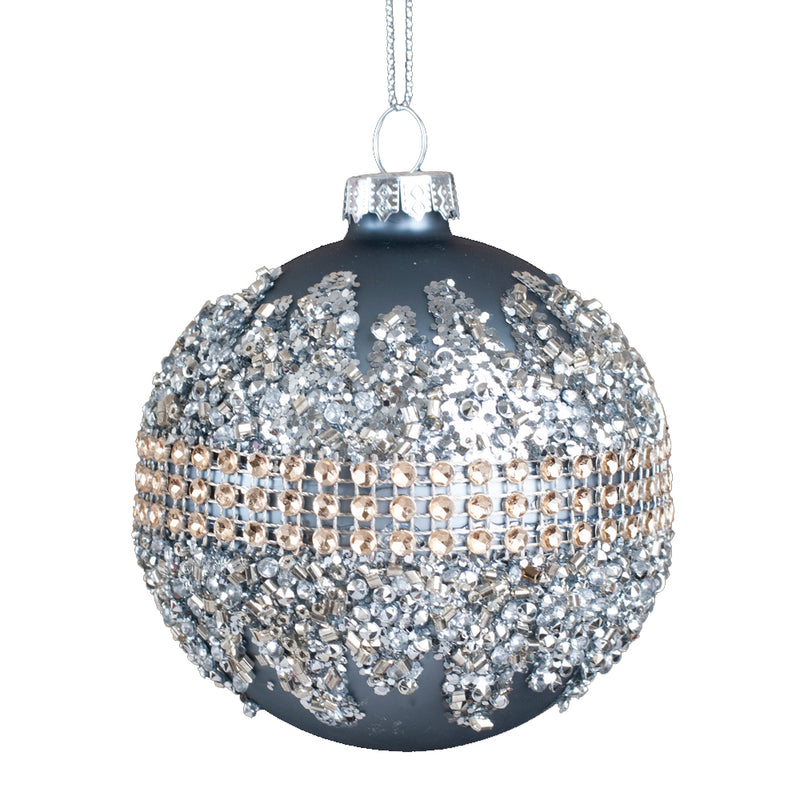 Grey Blue with Silver Glitter and Gold Band Glass Ball Ornament | Putti Christmas 