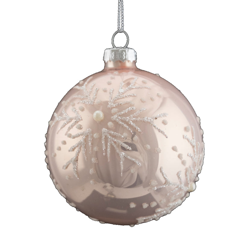 Pearl Pink with White Glitter Snowflakes Glass Ball Ornament | Putti Christmas Canada