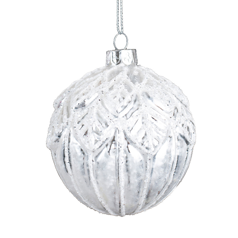 White Embossed Leaves Glass Ball Ornament | Putti Christmas 